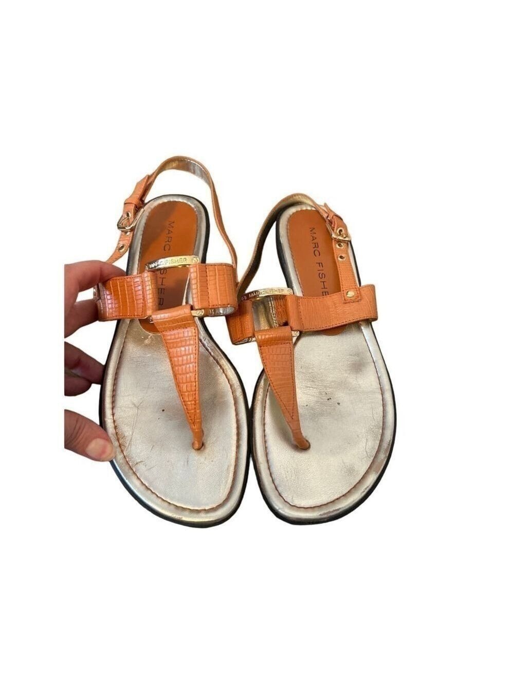 Marc Fisher Thong Adjustable Leather Sandals With Buckle Accent. 9